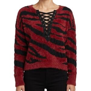 Express Red Black Tiger Stripe Lace Up V-Neck Fuzzy Eyelash Crop Sweater Size XS